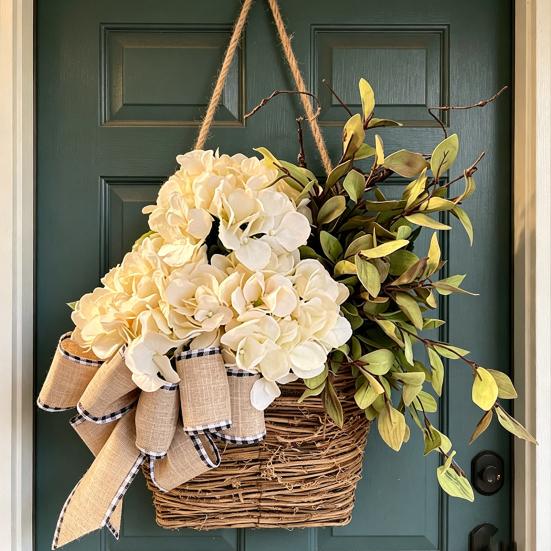 Faux Hydrangea Door Hanger Basket Wreath Spring Summer Artificial Flower in Wicker Basket with Bow Front Door Hanging Flower Basket for Home Farmhouse