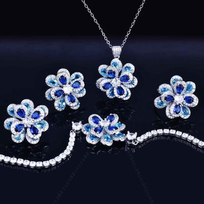 Elegant Colorful Zircon Flower Necklace Earrings Set Silver Studs Simple 3D Camellia Pendant Open Ring