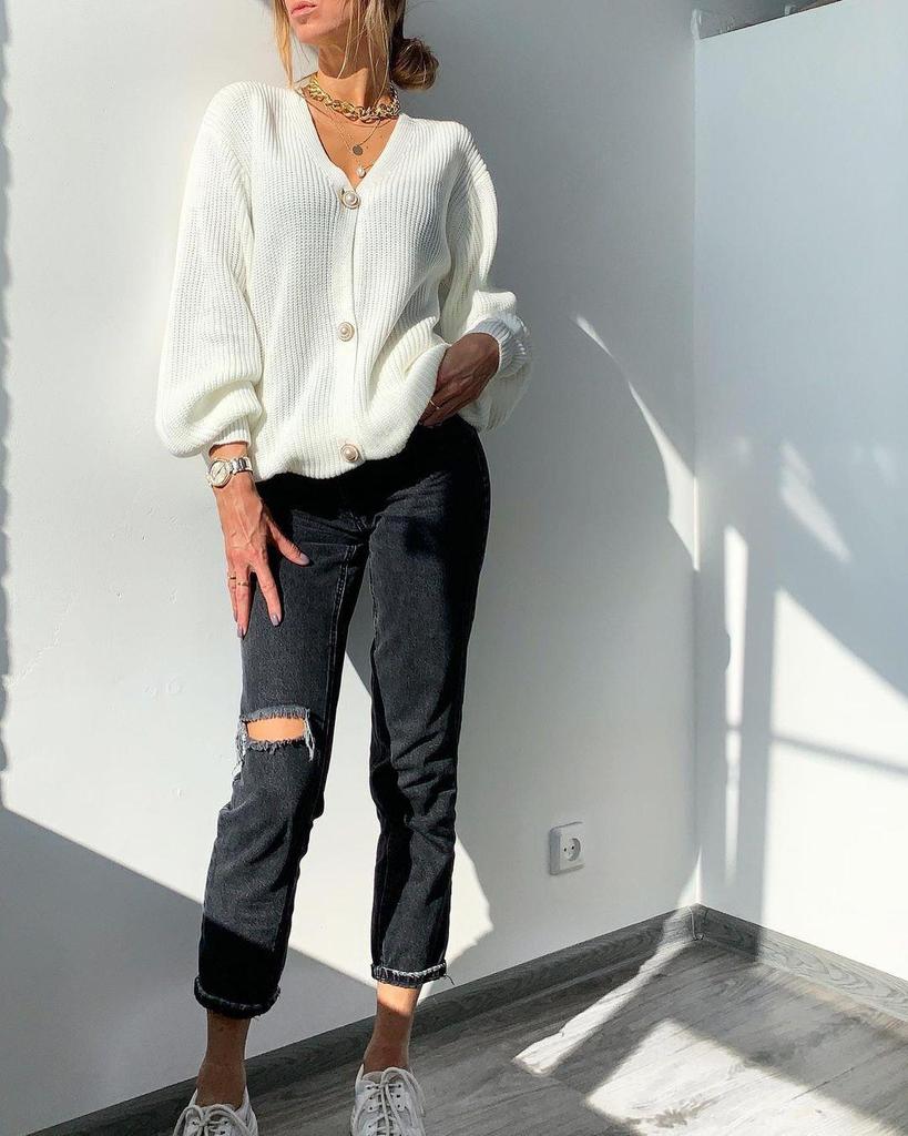 Women's Autumn/Winter Pearl Button Cardigan Sweater Coat - Loose Fit & Solid Color