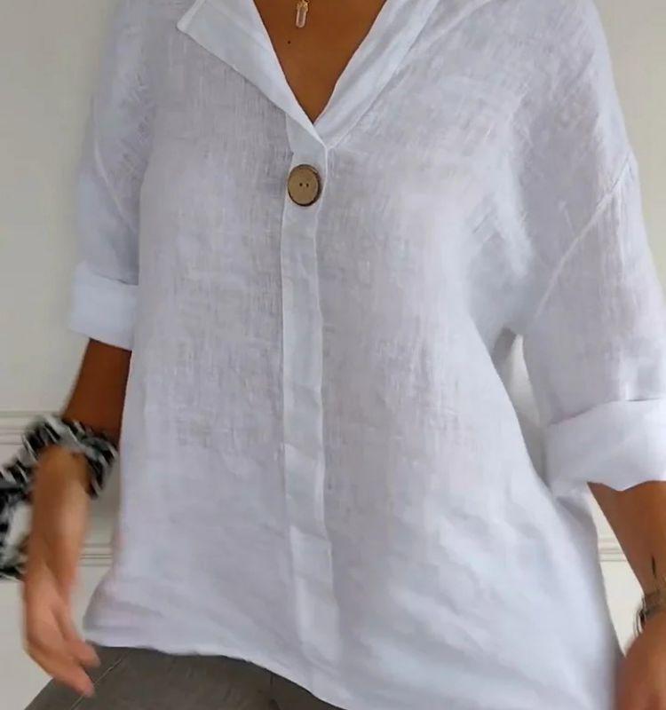 European Chic V-Neck Cotton Linen Mid-Sleeve Top for Plus Size Women - Spring/Summer