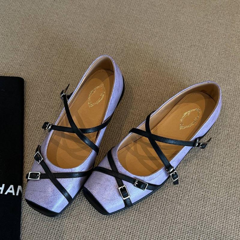 Sheepskin version~ cross strap square head sports ballet shoes women's retro temperament shallow mouth Mary Jane shoes flat shoes