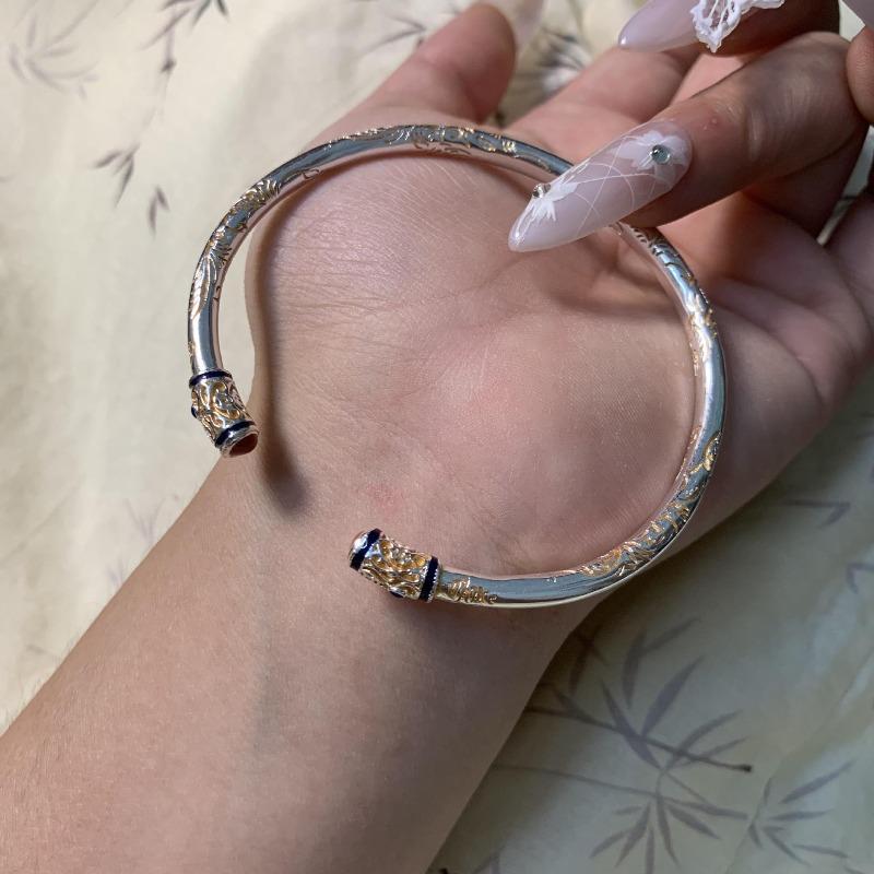 Ancient Gold-Painted Grass Pattern Bracelet Female Solid Opening Peace And Joy Ring Retro Ethnic Style Bracelet