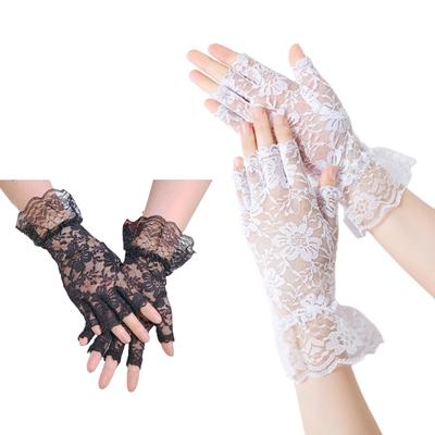 Women Bride Short Gloves Nightclub Hollow Out Lace Gloves Dancing Party Half Finger Gloves Pleated Cuff Decor Mitten