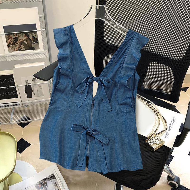 

VONDA Летние женские топы без рукавов с оборками, милые с бантом, на шнуровке, с открытой спиной 5XL синий