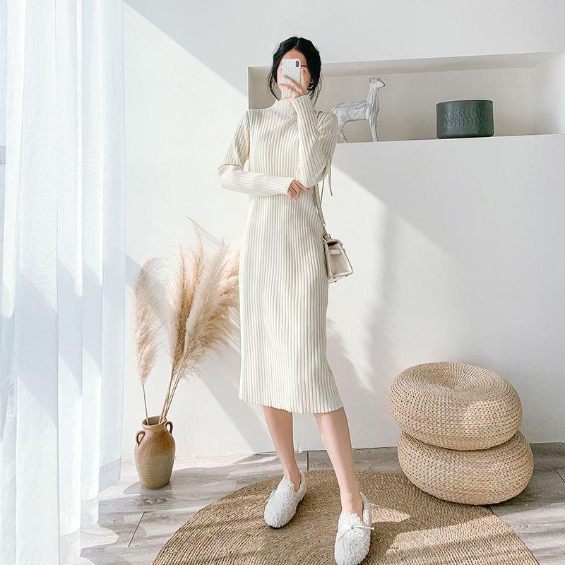 Plus-Size Women's Thickened Winter Long Knitted Wool Dress with Half-High Collar