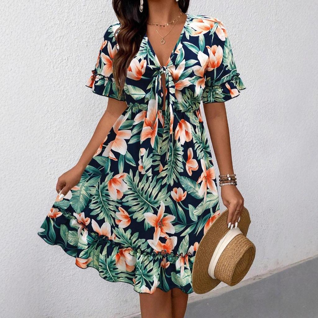 2025 European & American V-neck Floral Print Knee-length Summer Dress