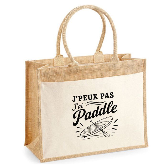 Sac Cabas Jute avec Poche J’peux pas j’ai Paddle J'peux pas minimaliste | Toile de Jute et Coton 21 L Fond Plat Anses 65 cm