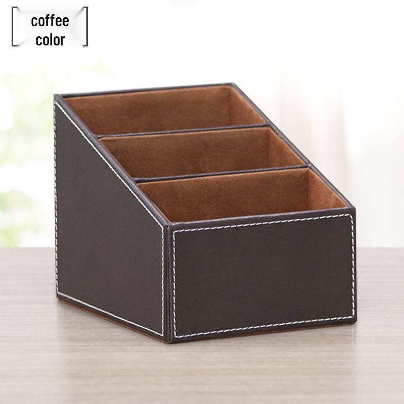 Business Leather Multi-Functional Desktop Organizer - Small Three-Grid Stationery Box for Hotel or Office Use
