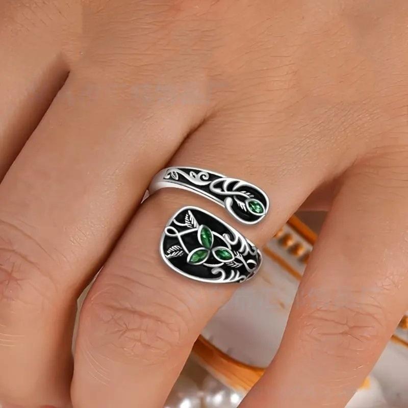 Retro Wzory Łyżeczek Regulowany Pierścionek z Liściem Zielony Kamień Biżuteria Inspirowana Naturą Regulowany Vintage Prezent Biżuteria Dla Niej