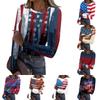 Damen Freizeit Langarm Rippstrick Oberteil Rundhals Pullover Amerikanische Flagge Print Leicht Dehnbares Shirt für den Alltag