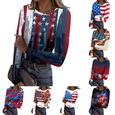 Women's Casual Long Sleeve Ribbed Knit Top Crew Neck Pullover American Flag Print Lightweight Stretchy Shirt for Everyday Wear