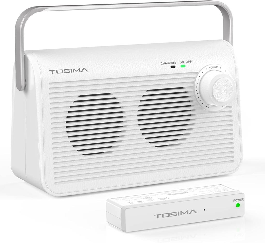 TosimaTV Wireless Handheld TV Speaker for 30m 920MHz Easy Volume Control Seniors, Transmission, Band, Rechargeable, Ear-Mounted, (White) (TV-9000)