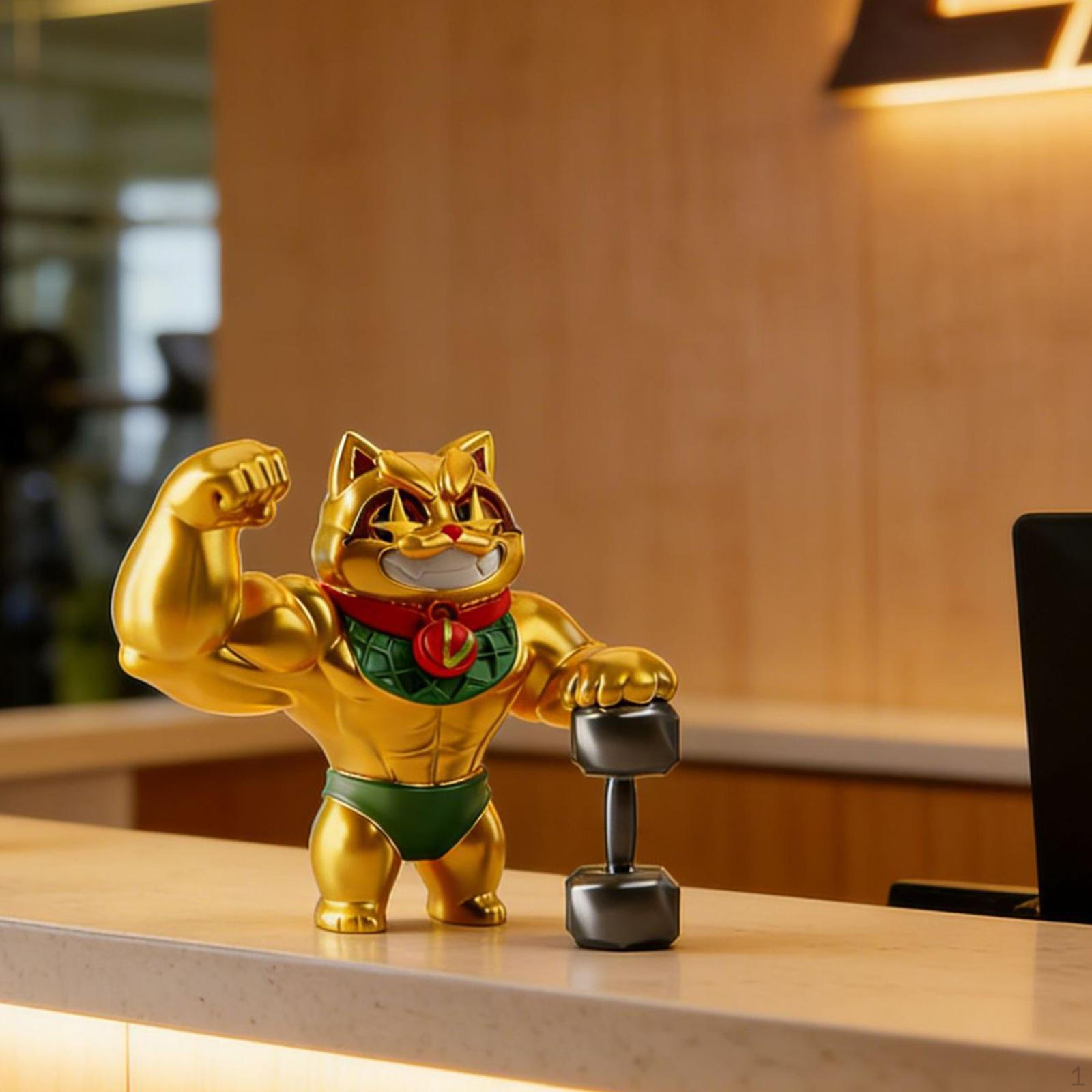 

Cat Figurine Big Muscle Arm Animal Sculpture Ornament Wealth Fortune Statue for Fireplace