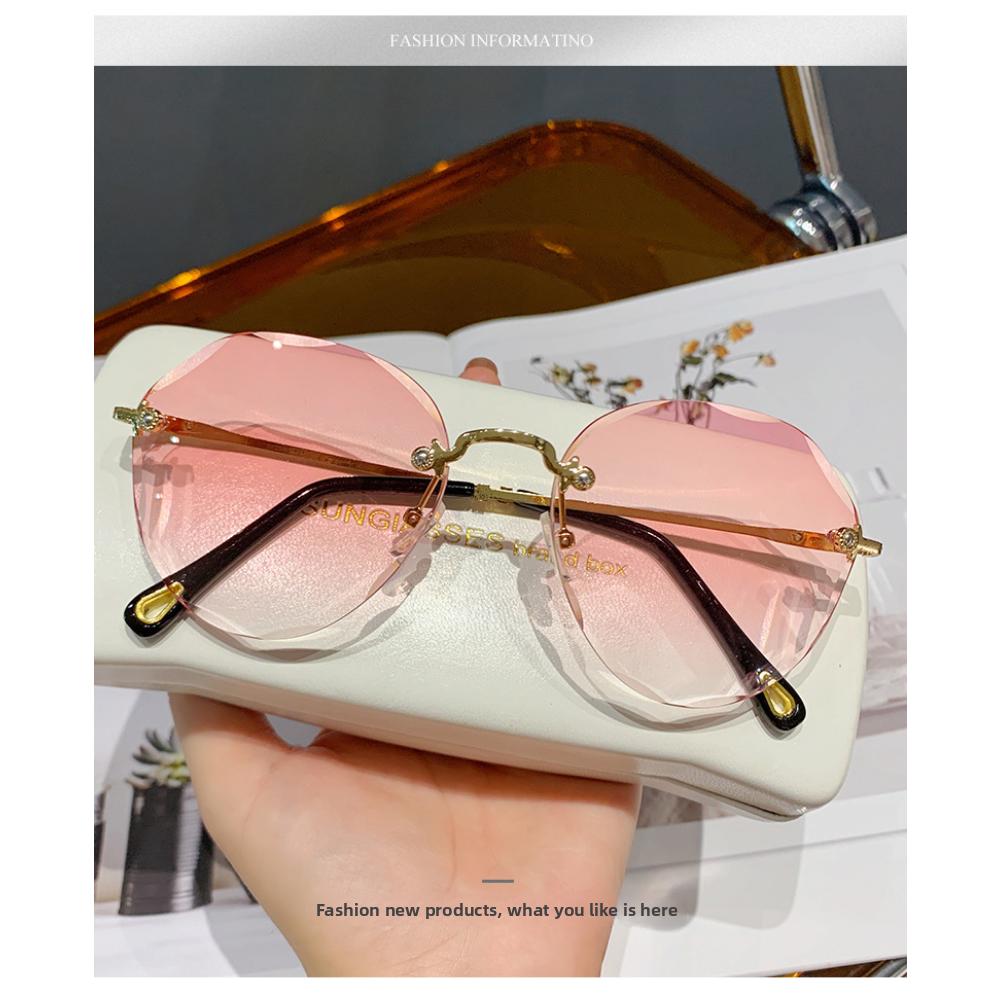 Internet celebrity street shot new polygonal sunglasses women's big face thin marine sunglasses rimless trimmed sunglasses