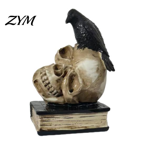 Spooky Bookshelf Display Figurines Halloween Skull Head Statue, Gothic Crow And Book Sculpture, Unique on Statue Gift Resin for Home Party Table