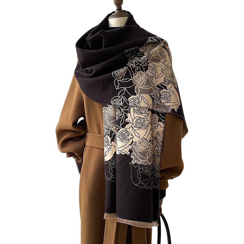 Warm Rose Clusters Fashionable and Elegant Women Contrasting Color Wind Imitation Cashmere Scarf Office Blanket Shawl Scarf