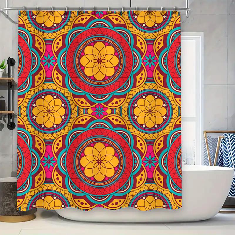 Colorful Mandala Shower Curtain Extra Long Printed Waterproof Bath Mat Set For Home Decor Bright Red Yellow Blue Design (84 X 72