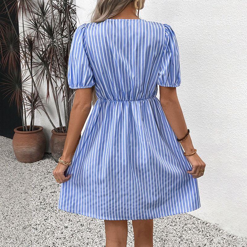 Summer New European and American Romantic Retro Striped Dress round Bow Tie Lace-up Dress