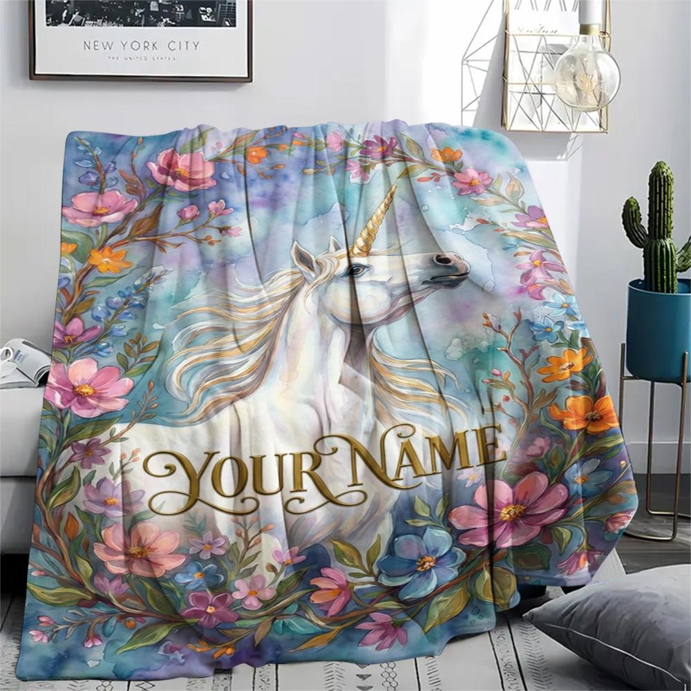 1PC Custom Name Unicorn Flower Patterned Flannel Blanket Suitable For All Seasons for Home Decor Warmth and Comfort Gifts Holiday Present_xia