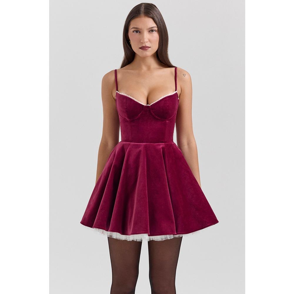 Women s V Neck Sleeveless Velvet Mini Dress High Waist Elegant Midi Dress Lace Trim Spaghetti Strap Party Dress S бордовый