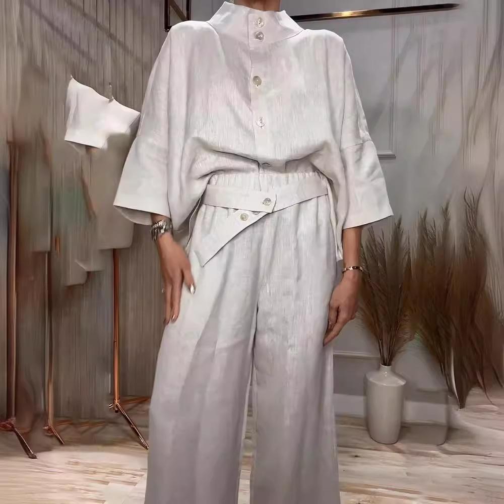 2024 Jesień Miejski Szyk Stójka Rękaw 3/4 Bawełna Len Zestaw Koszuli