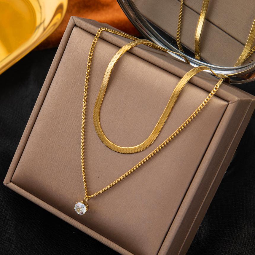 Ladies  Necklace Double-layered zirconia pendant in high-end zinc alloy, Snake chain design for women s fashion-forward jeweller