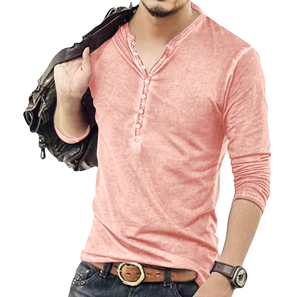 Men's Solid Color Long Sleeve Button Collar Long Sleeve T-Shirt Men's Casual Fashion Top