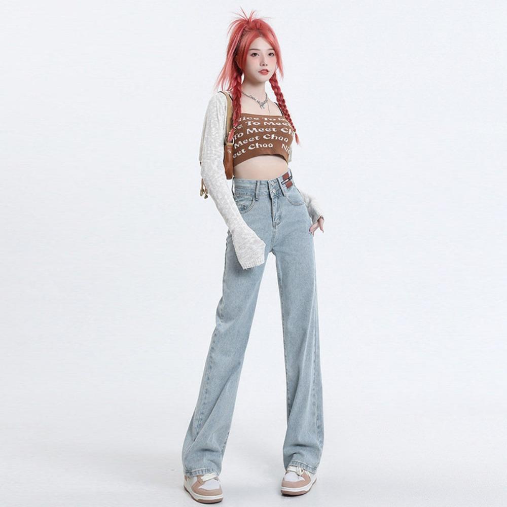 High Street Double-breasted Leather Brand Design Wide Leg Mopping Jeans Women's Spring and Summer New High Waist Straight Jeans
