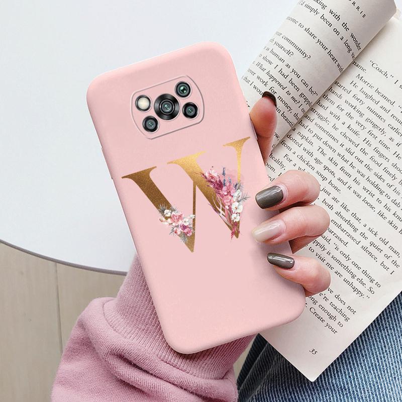 Letter Case For Poco X3 NFC PocoX3 Pro Back Cover Retro Flowers Pink Black Soft TPU Initial Fundas For Xiaomi Poco X 3 Pro Coque