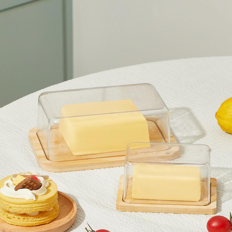 Nordic Countertop Bamboo Butter Dish Plate with Transparent Lid Airtight Food Storage Box for Cheese Cake Dessert Kitchen Tool