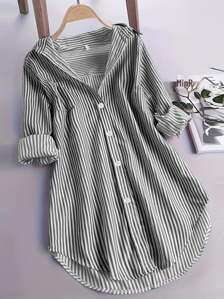 Classic European & American Women's Striped Long Sleeve Casual Top