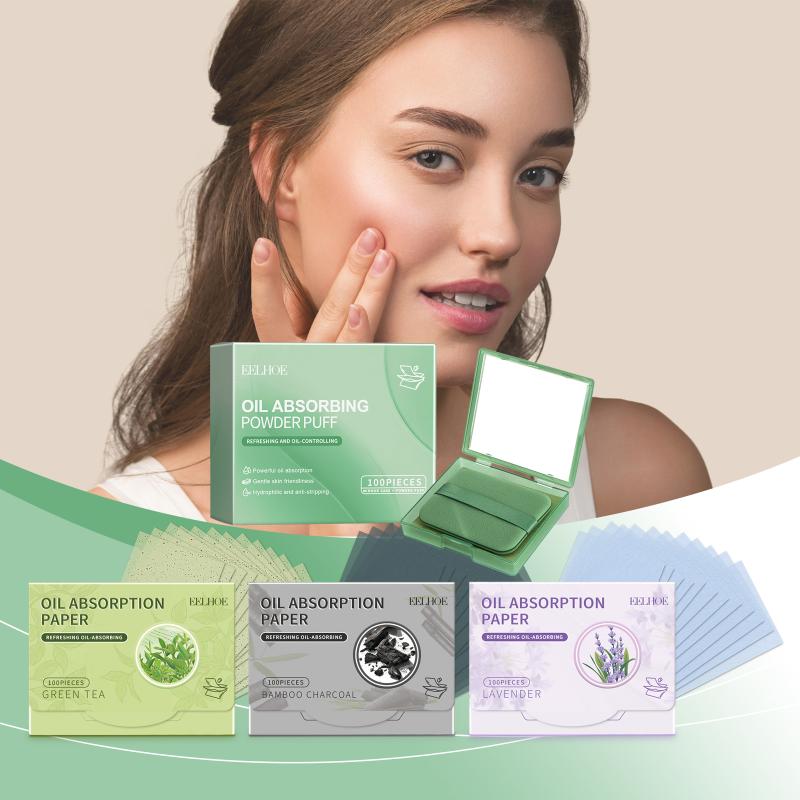 Face Oil Absorbing Paper with Convenient Puff Mirror for Fast Oil Removal Natural Skin Care Routine Office or Outdoors