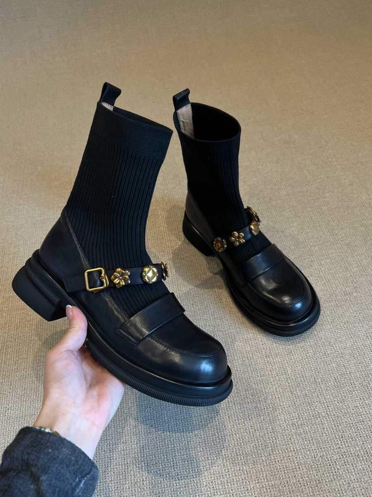 Thick-soled metal buckle elastic short boots retro college style knitted thin boots women's versatile loafers boots