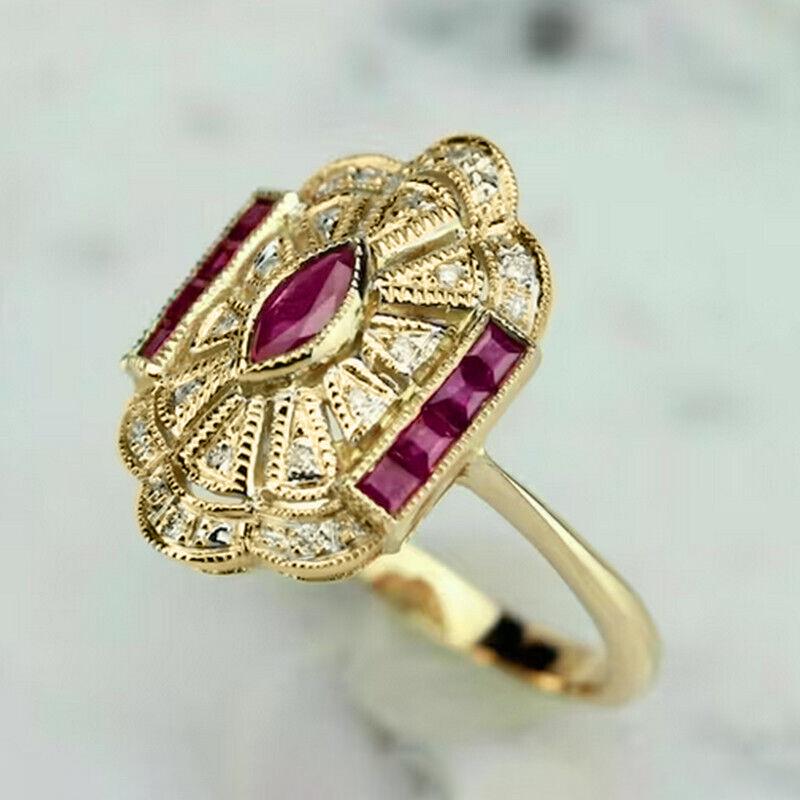 Huitan Gorgeous Red CZ Gold Color Rings for Women Vintage Style Luxury Lady Accessories Party Anniversary Gift Noble Zircon