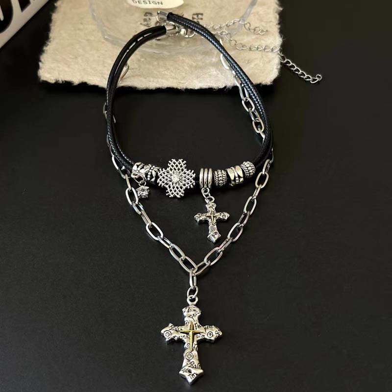 Punk Silver Color Cross Pendant Necklaces for Women Vintage Metal Double Layered Choker Necklaces Party Jewelry Gifts