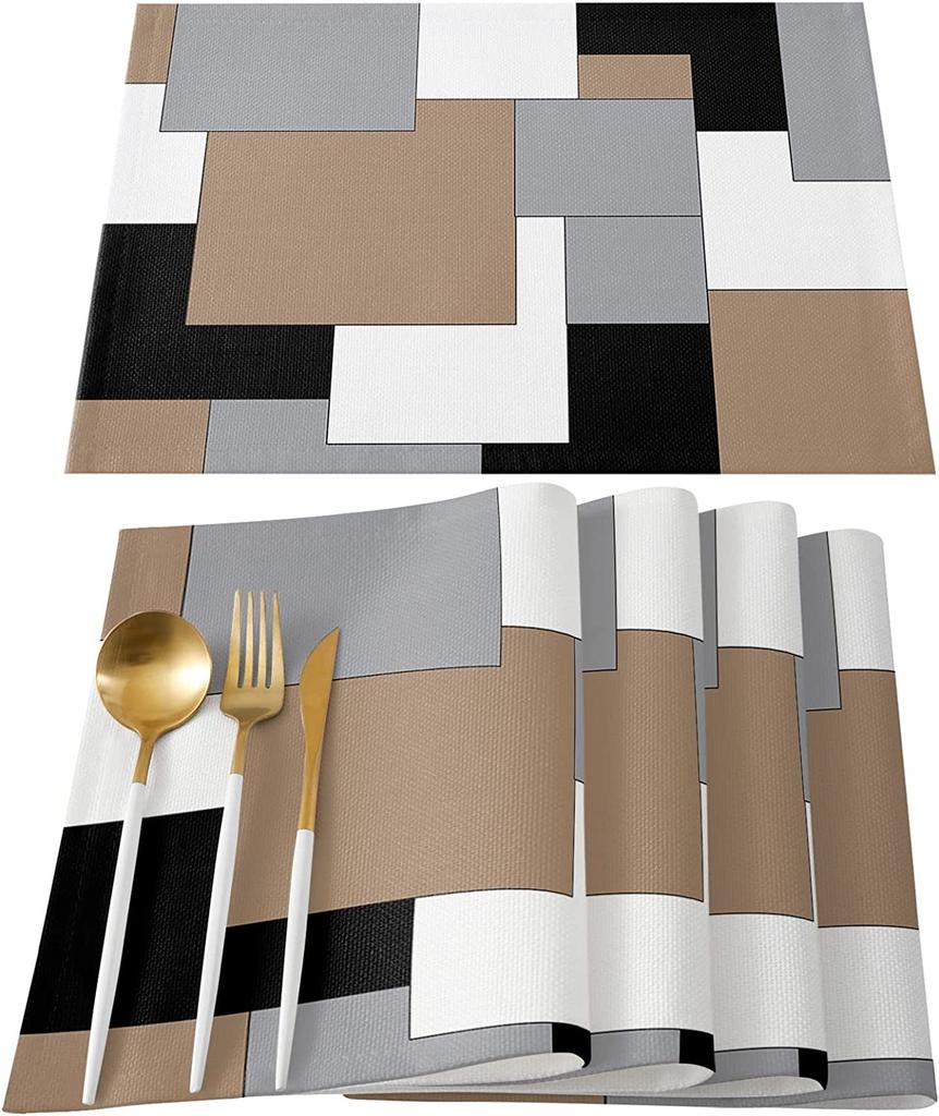 Room Decor  Dining Table Decor  Abstract Art Patchwork Purple Black Grey Kitchen Table Pad  Dining Table Mat Set 4pcs Placemats