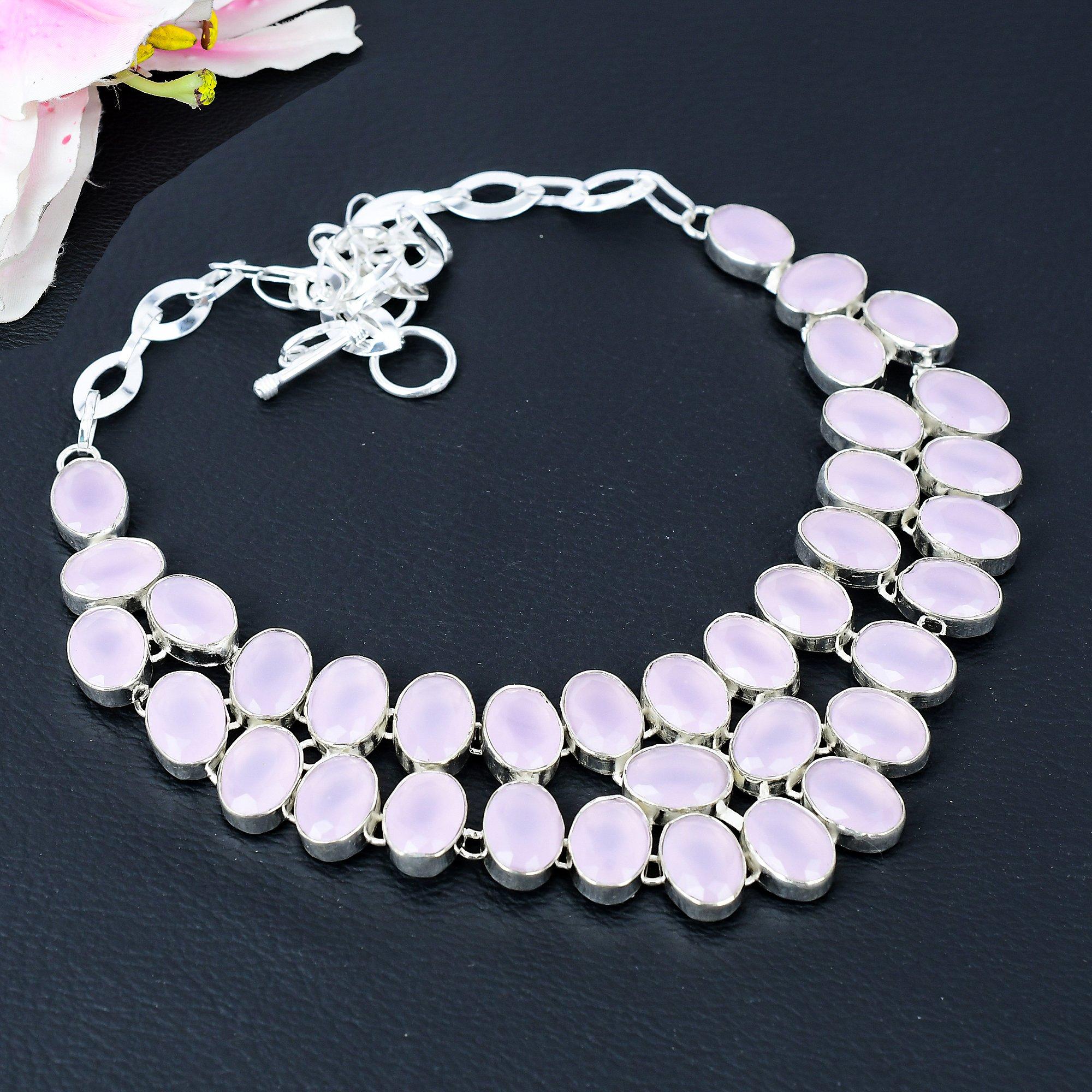 

Pink Chalcedony Gemstone Handmade 925 Sterling Silver Jewelry Necklace 18 KG-401