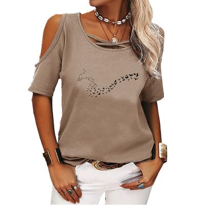 Maglietta da Donna alla Moda a Spalle Scoperte Top Casual a Manica Corta per Signore T-shirt Estiva Girocollo Stampata