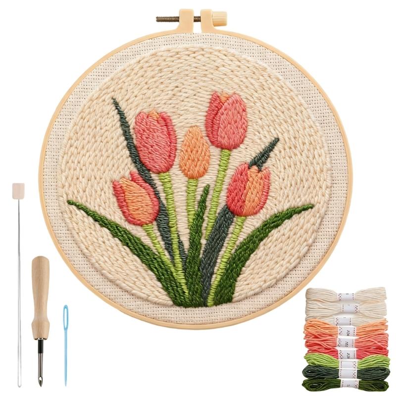 

Handmade Punches Needle Craft Set Includes Pre Print Fabric Embroidery Tool
