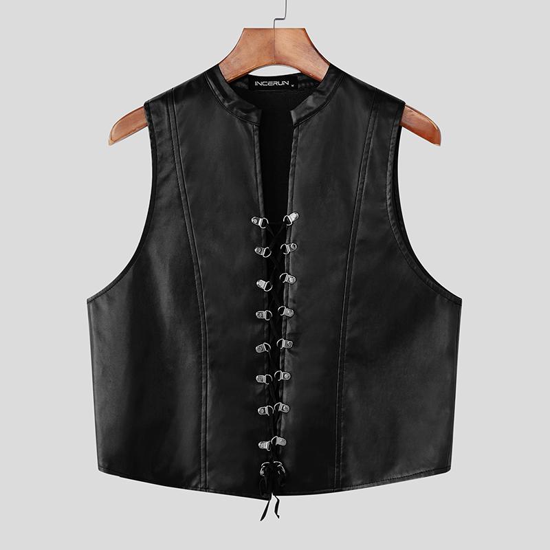 

INCERUN Мужские топы без рукавов с бандажной отделкой из искусственной кожи, укороченные базовые майки L чёрный