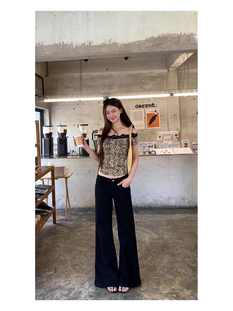 Summer 2025 Women's Leopard Print One-Shoulder Short Sleeve Slim Fit Top