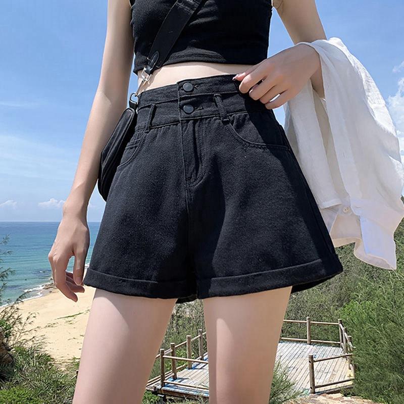 

Классическая и минималистская мода универсальные белые женские летние свободные брюки А-силуэта с клапаном тонкие джинсовые шорты индивидуальность трендовость 2XL чёрный