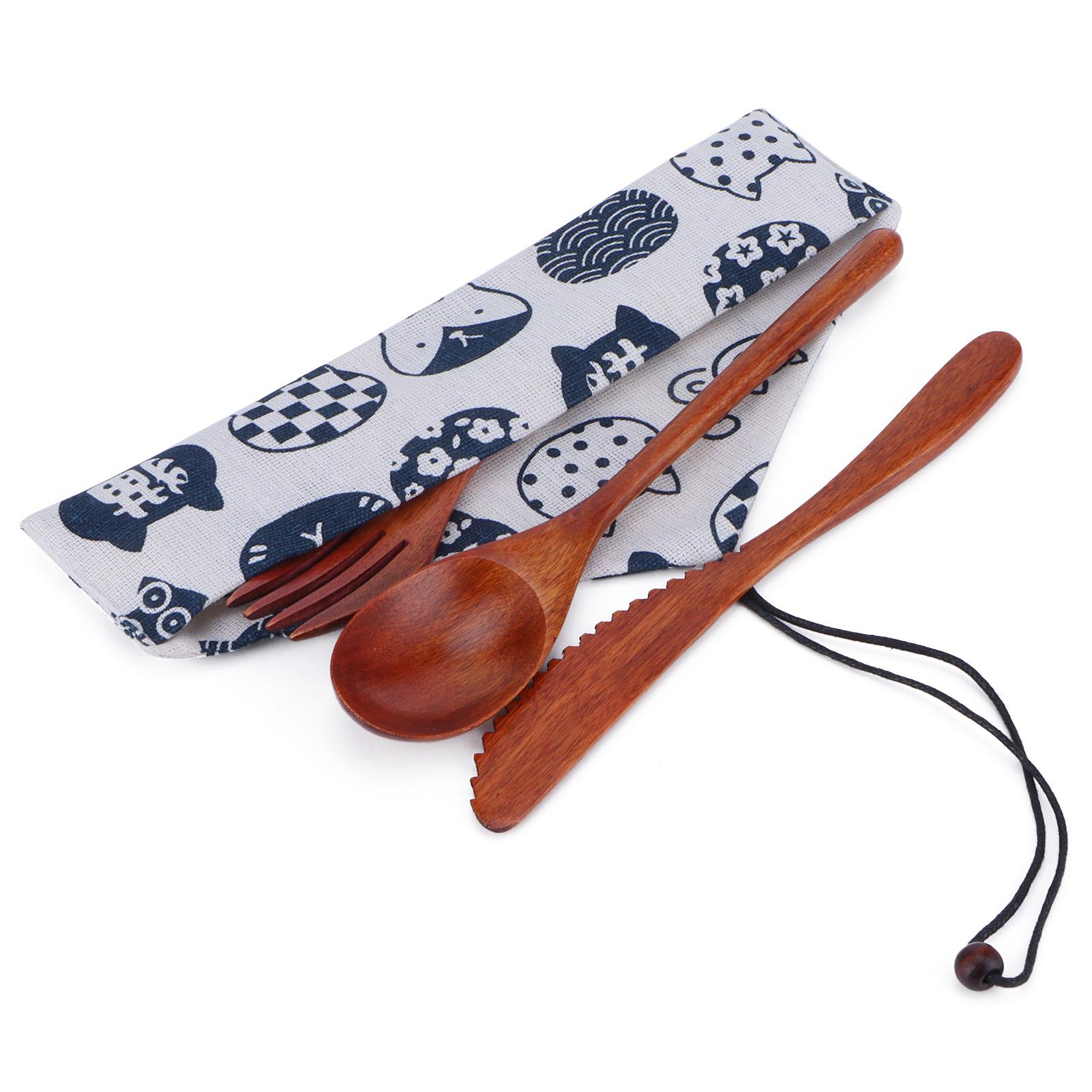 

Portable Wooden Cutlery Set Spoon Fork Knife Wood Flatware Dinnerware Tableware with Bag