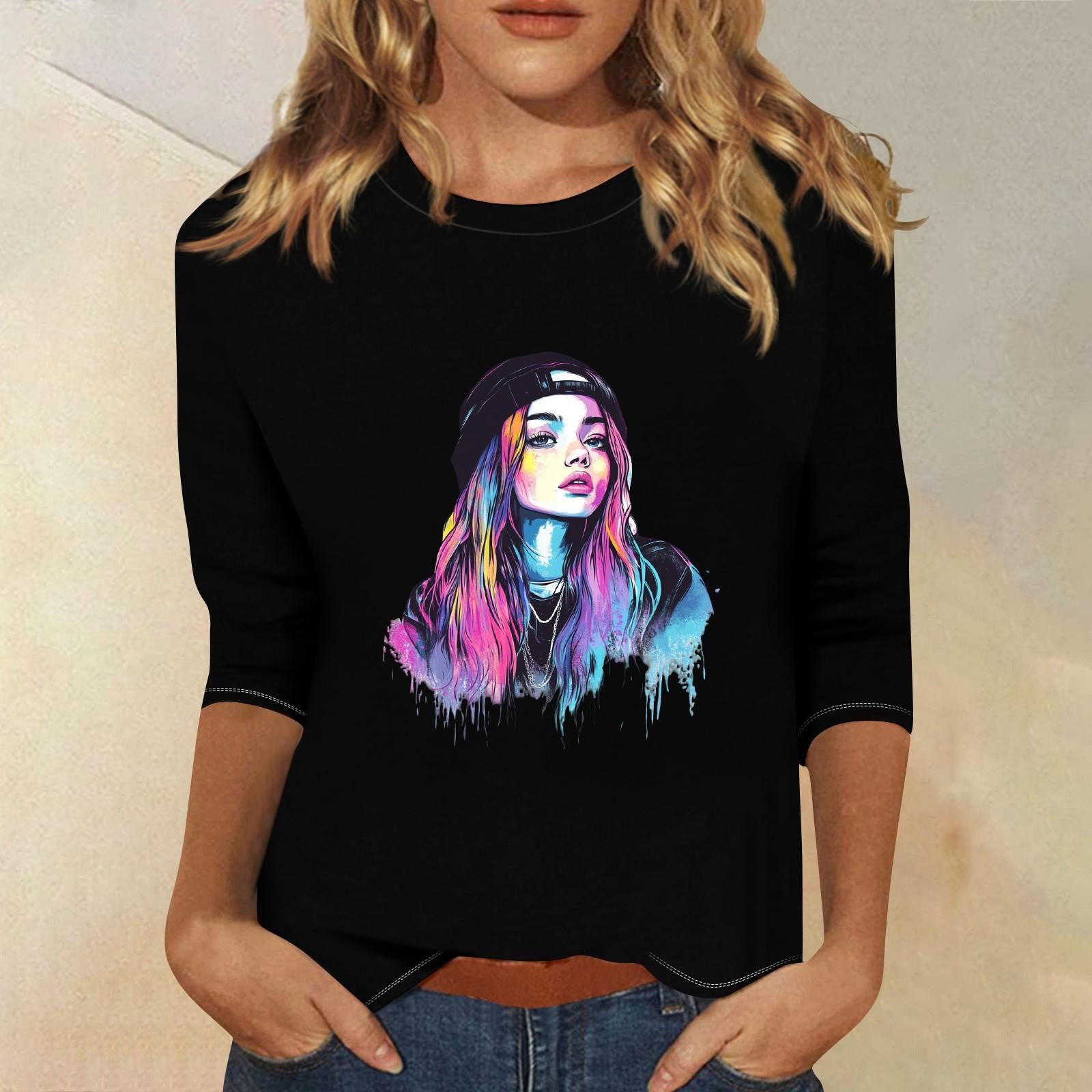 

3/4 рукава топы для женщин футболка повседневные принты топы футболка круглый вырез пуловер блузка S чёрный