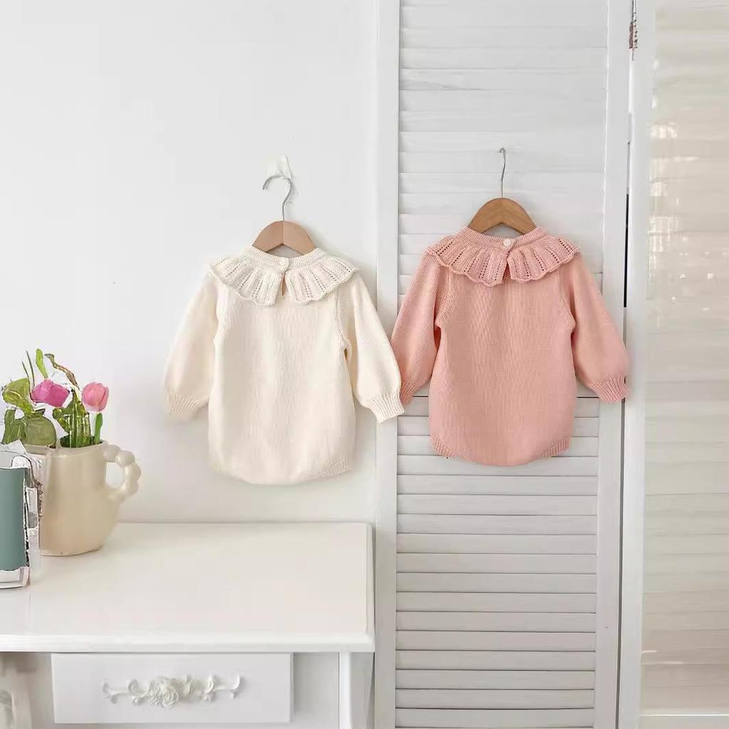 Baby Mädchen gestrickter Woll-Jumpsuit mit Stickerei und Umlegekragen - Frühlings-/Herbststil