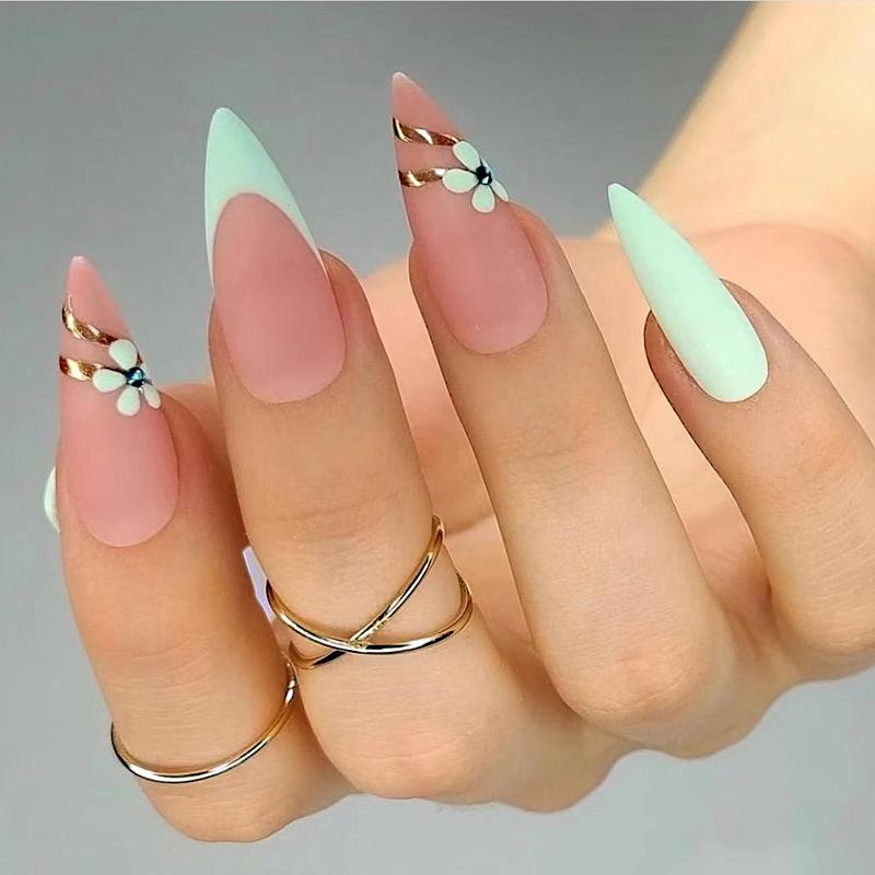 24 Piezas Negras Desmontables Almendra Francesas Cobertura Completa Uñas Postizas Con Líneas Plateadas de Mariposa Stiletto Press On Nails Para Manicura DIY