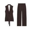 V-neck Sleeveless Long Vest 8741326 High Waist Contrast Color Thin Stripe Straight Trousers with Accessories 8742326
