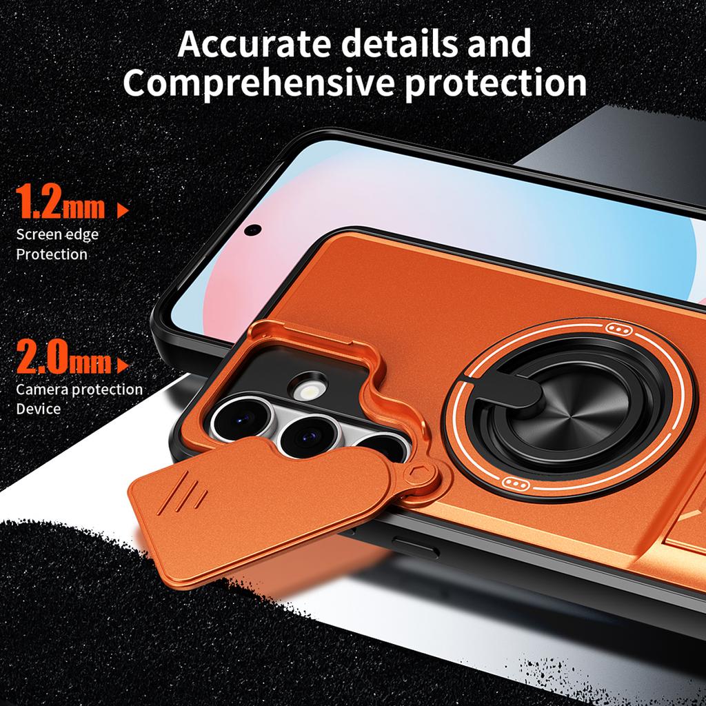 For Samsung Galaxy S24 FE Magnetic Case Ring Holder Foldable Kickstand TPU PC Phone Cover with Camera Lens Slider