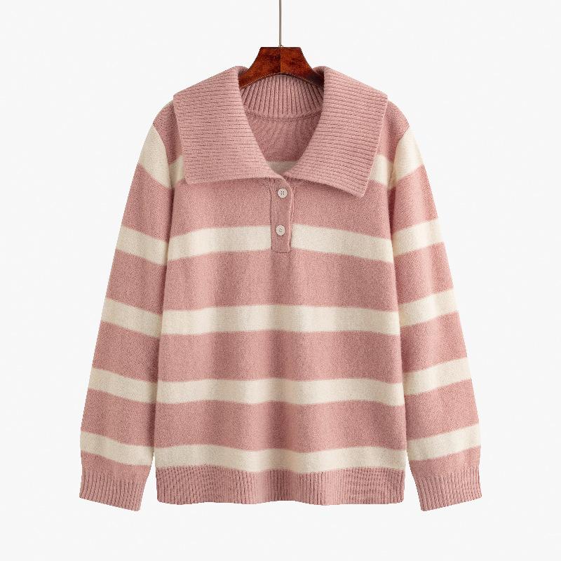 Women's Plus Size Lapel Long Sleeve Striped Shirt Autumn and Winter Loose Knitwear