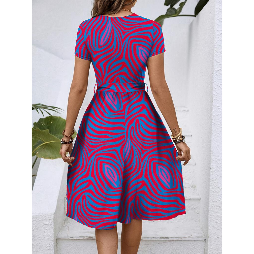 Women's Fashionable Retro Patterned Printing Color Blocked Belt Casual Dress